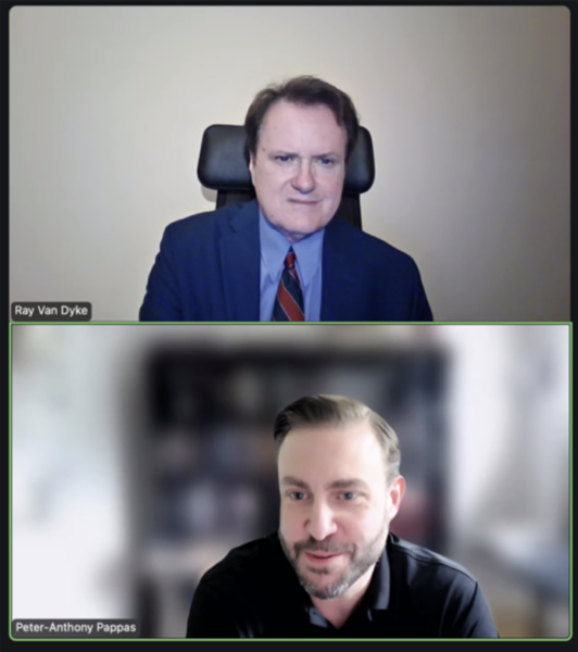 In order from top to bottom, Ray Van Dyke, Peter-Anthony Pappas, Valencia Martin-Wallace, and Ray Van Dyke. All four images are participants on a Zoom call for World IP Day.